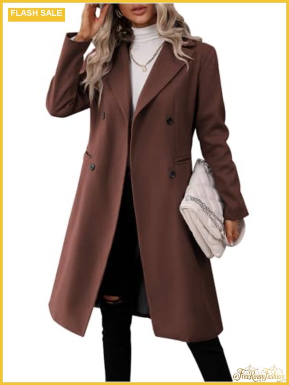 Womens Double Breasted Long Peacoat Winter Wool Blend Slim Fit Trench Jacket